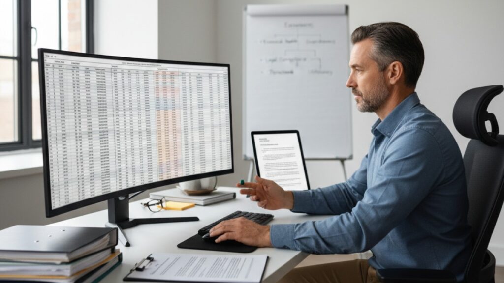 A business professional in an office reviewing a detailed financial spreadsheet on a large computer monitor, representing the process of preparing a company portfolio for sale.