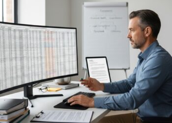 A business professional in an office reviewing a detailed financial spreadsheet on a large computer monitor, representing the process of preparing a company portfolio for sale.