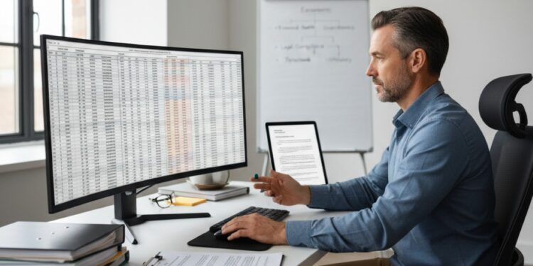 A business professional in an office reviewing a detailed financial spreadsheet on a large computer monitor, representing the process of preparing a company portfolio for sale.